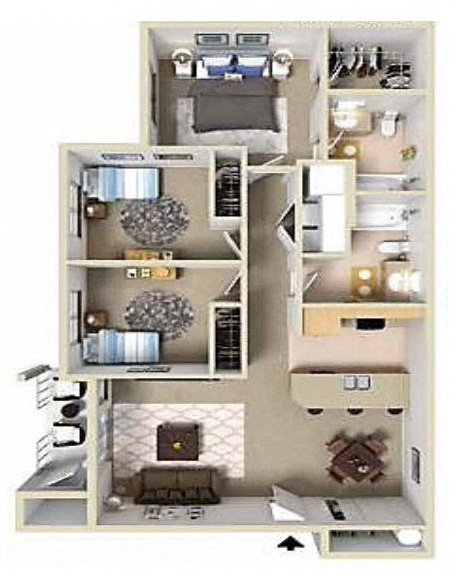 Floor plan for 3 beds, 2 baths, 1101 sqft
